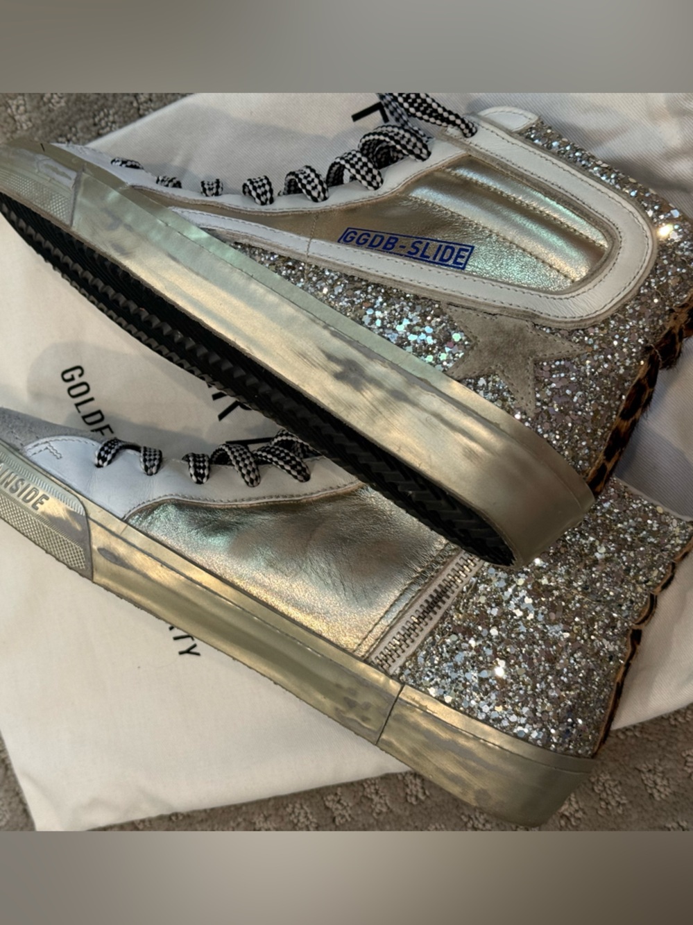 Golden Goose Slide Silver Glitter High-Top Sneakers Size 40/10 AUTHENTIC - Picture 11 of 14